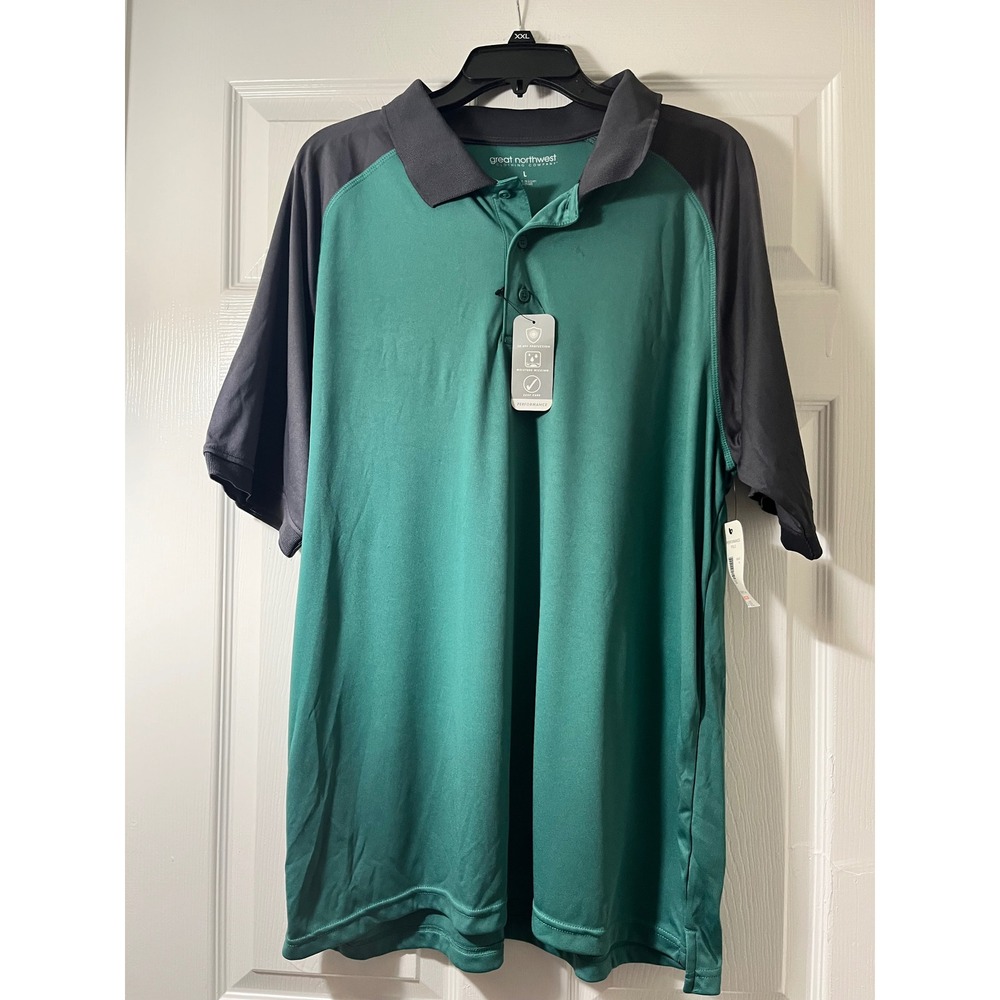 Great Northwest Mens Performance Polo Shirt Green Gray Colorblock Size L NWT
